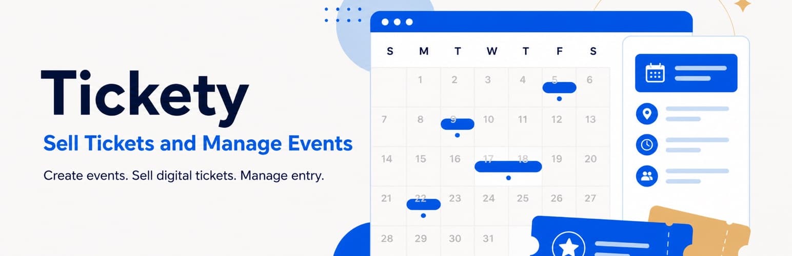 Tickety illustration of an event calendar, venue details and tickets